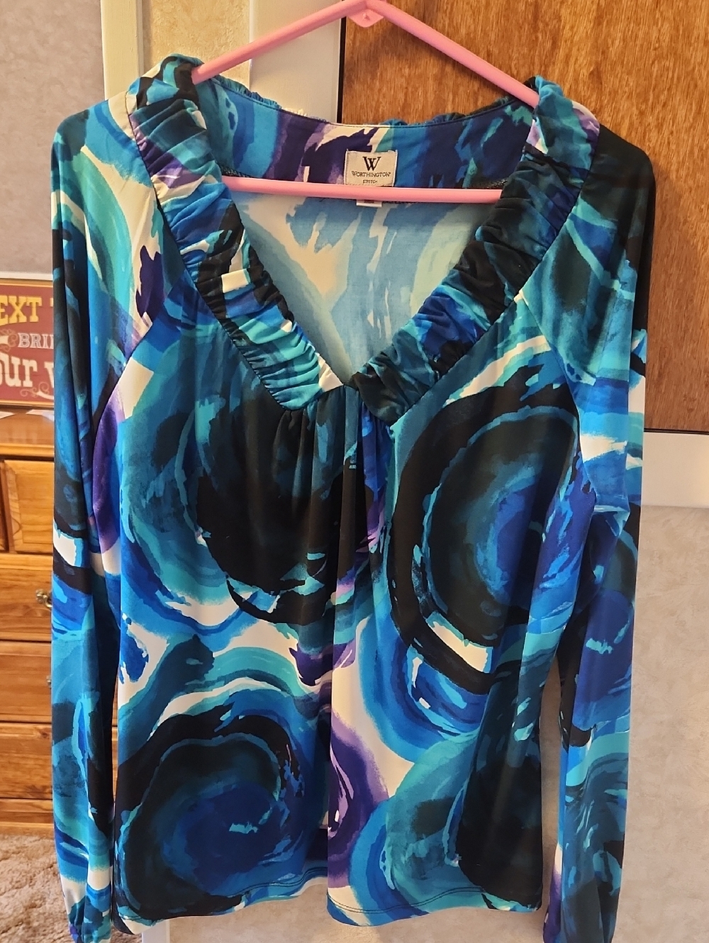 Worthington Blue Teal Abstract Ruffle V-Neck Long Sleeve XL Blouse LIST#37